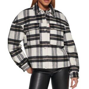 NWT Levi's Women's White Wool Plaid Quilted Shorty Cropped Shacket Jacket Size S